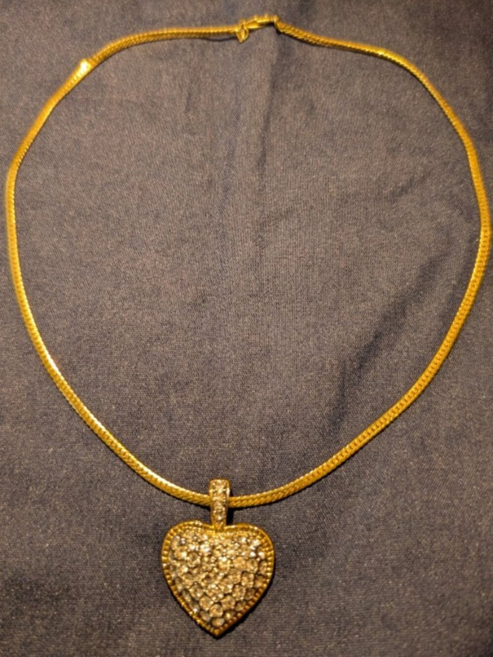 Vintage Made in Korea Gold Herringbone Pavé Crystal Puffy Heart Pendant Necklace